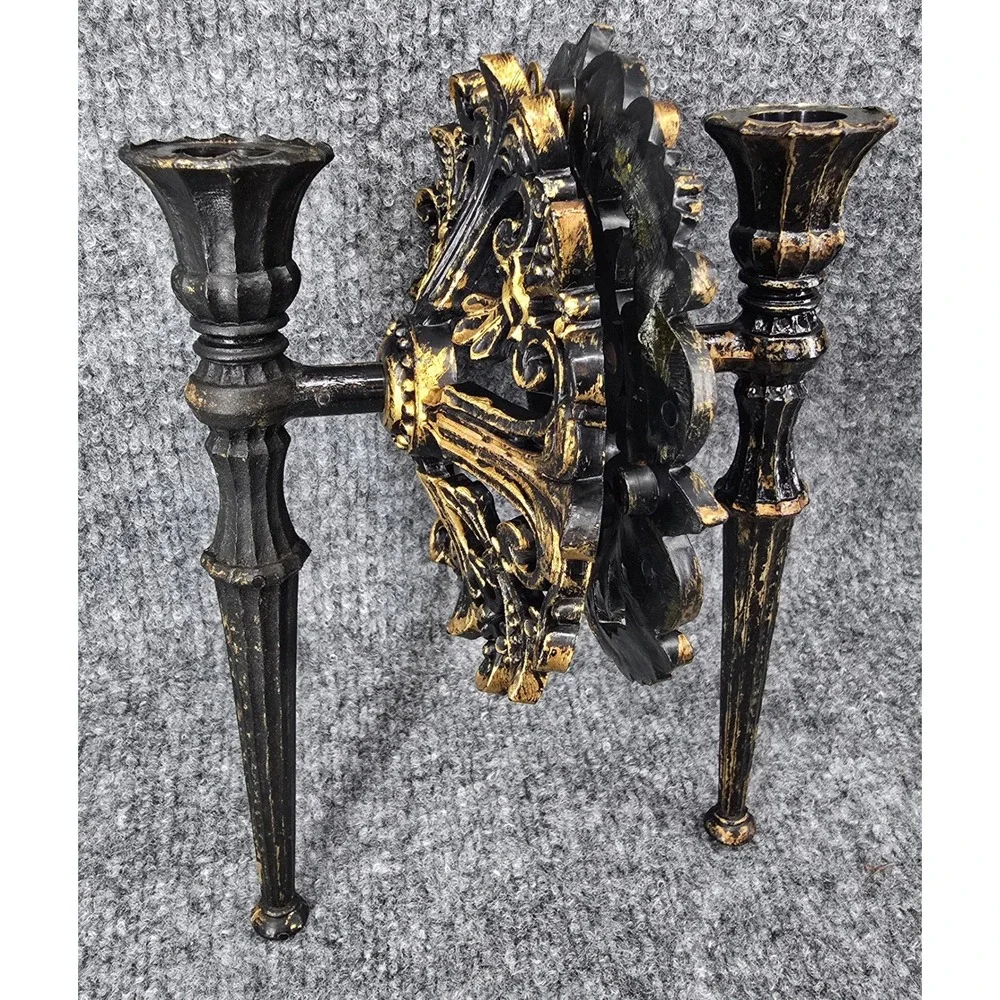 Vtg MCM Gothic Wall Sconces Black Antiqued Gold Holders Set of 4 Baroque Homco